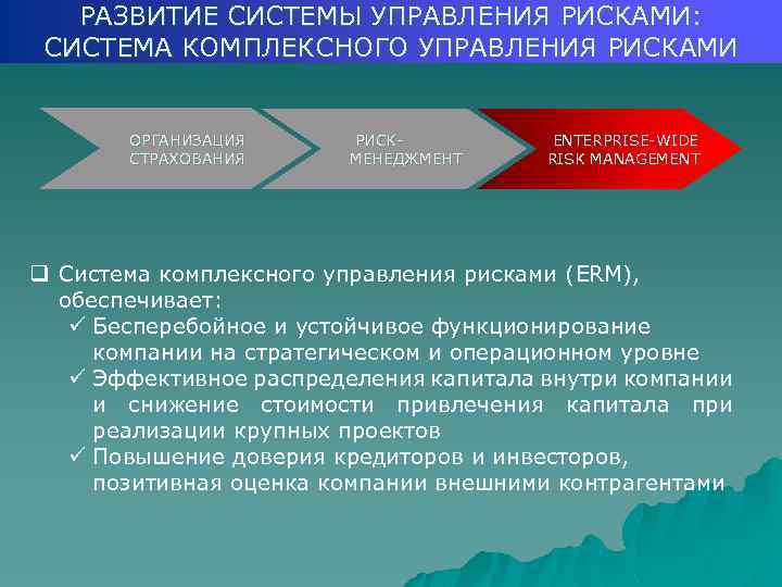 РАЗВИТИЕ СИСТЕМЫ УПРАВЛЕНИЯ РИСКАМИ: СИСТЕМА КОМПЛЕКСНОГО УПРАВЛЕНИЯ РИСКАМИ ОРГАНИЗАЦИЯ СТРАХОВАНИЯ РИСК МЕНЕДЖМЕНТ ENTERPRISE WIDE