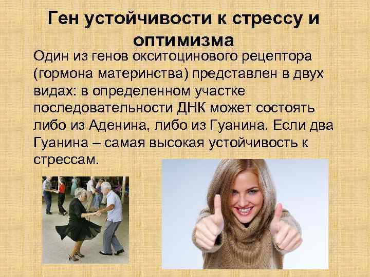 Ген устойчивости к стрессу и оптимизма Один из генов окситоцинового рецептора (гормона материнства) представлен