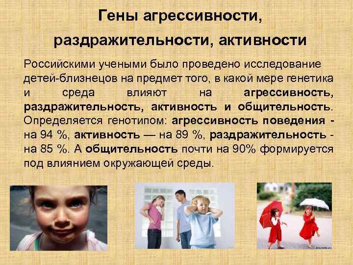 Гены агрессивности, раздражительности, активности Российскими учеными было проведено исследование детей-близнецов на предмет того, в