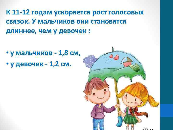 К 11 -12 годам ускоряется рост голосовых связок. У мальчиков они становятся длиннее, чем