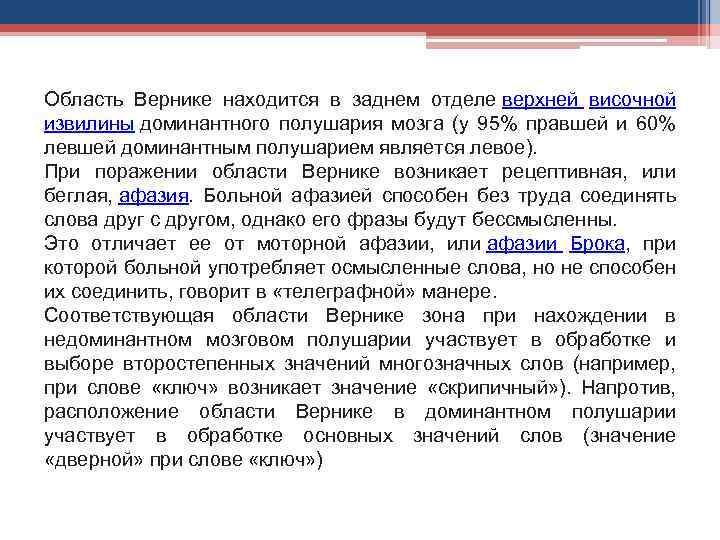 Область Вернике находится в заднем отделе верхней височной извилины доминантного полушария мозга (у 95%