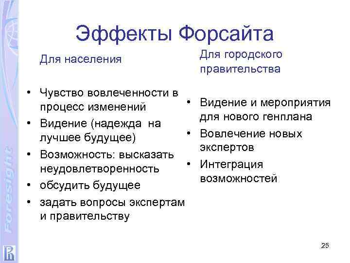Эффекты Форсайта Для населения • Чувство вовлеченности в • процесс изменений • Видение (надежда