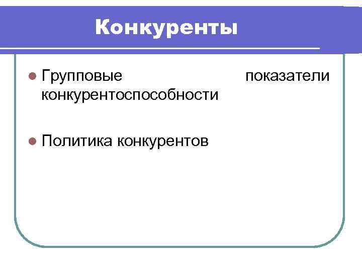 Конкуренты l Групповые конкурентоспособности l Политика конкурентов показатели 