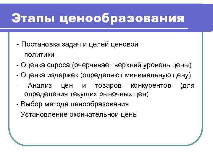 Этапы ценообразования - Постановка задач и целей ценовой политики - Оценка спроса (очерчивает верхний