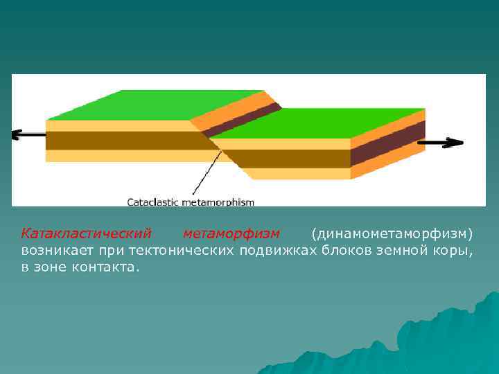 Катакластический метаморфизм (динамометаморфизм) возникает при тектонических подвижках блоков земной коры, в зоне контакта. 