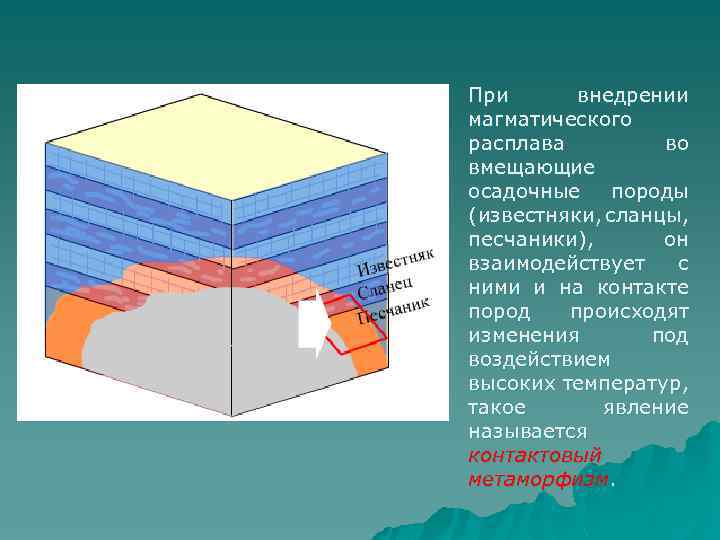 При внедрении магматического расплава во вмещающие осадочные породы (известняки, сланцы, песчаники), он взаимодействует с