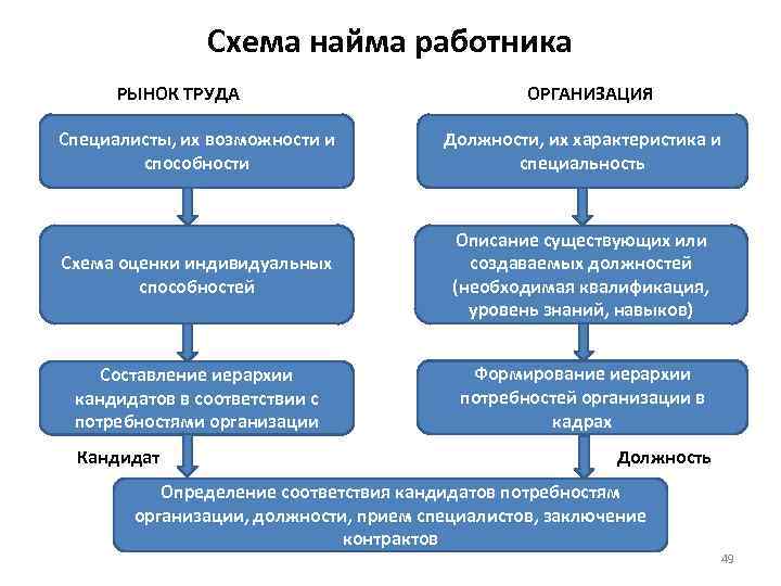 Схема найма работника РЫНОК ТРУДА ОРГАНИЗАЦИЯ Специалисты, их возможности и способности Должности, их характеристика