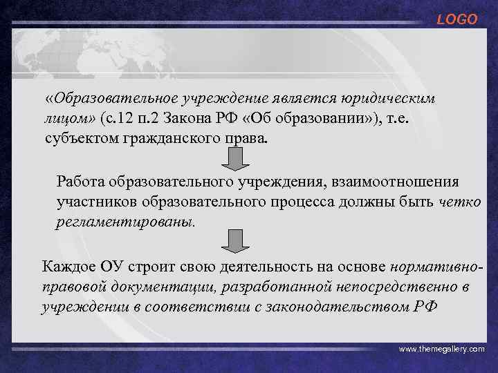 LOGO «Образовательное учреждение является юридическим лицом» (с. 12 п. 2 Закона РФ «Об образовании»