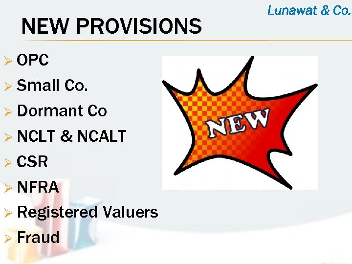 NEW PROVISIONS Ø OPC Ø Small Co. Ø Dormant Co Ø NCLT & NCALT