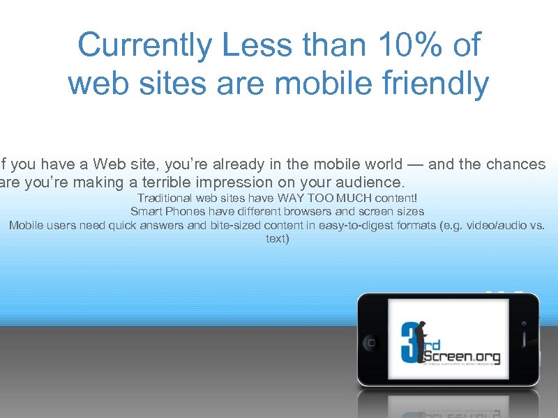 Currently Less than 10% of web sites are mobile friendly If you have a