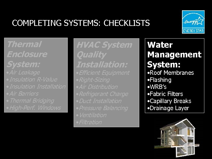 COMPLETING SYSTEMS: CHECKLISTS Thermal Enclosure System: • Air Leakage • Insulation R-Value • Insulation