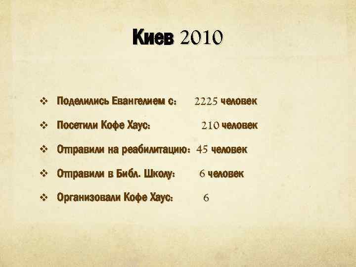 Киев 2010 v Поделились Евангелием с: v Посетили Кофе Хаус: 2225 человек 210 человек