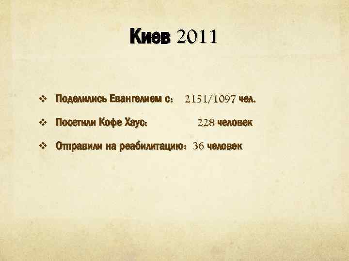 Киев 2011 v Поделились Евангелием с: v Посетили Кофе Хаус: 2151/1097 чел. 228 человек