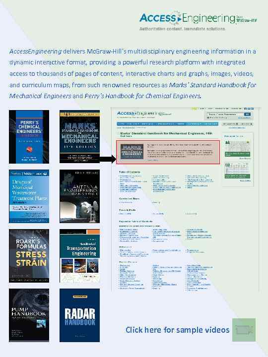 Access. Engineering delivers Mc. Graw-Hill’s multidisciplinary engineering information in a dynamic interactive format, providing