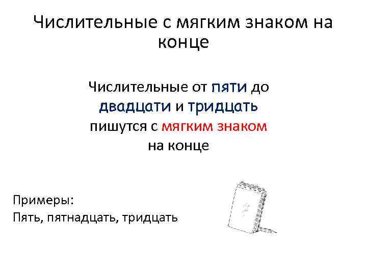Числительные с мягким знаком на конце Числительные от пяти до двадцати и тридцать пишутся