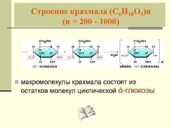 Строение крахмала (С 6 Н 10 О 5)n (n = 200 - 1000) n