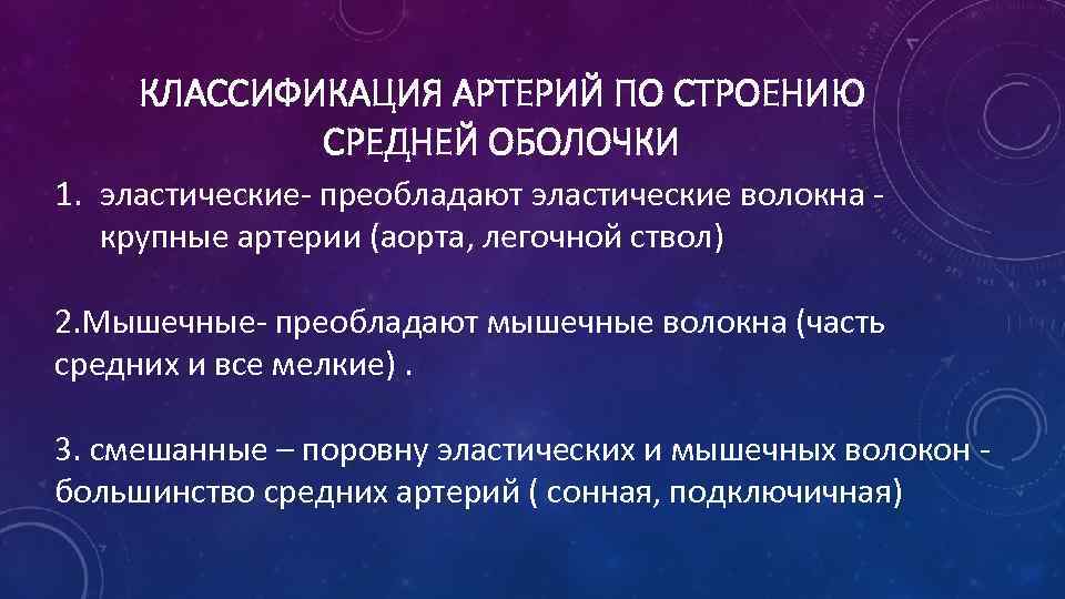 КЛАССИФИКАЦИЯ АРТЕРИЙ ПО СТРОЕНИЮ СРЕДНЕЙ ОБОЛОЧКИ 1. эластические- преобладают эластические волокна крупные артерии (аорта,