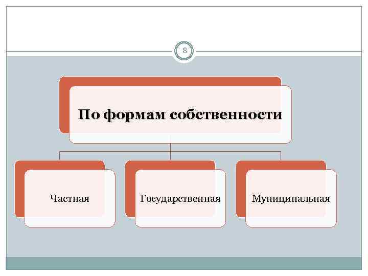 8 По формам собственности Частная Государственная Муниципальная 