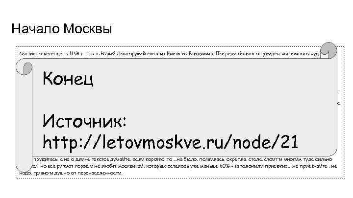 Начало Москвы Согласно легенде, в 1158 г. князь Юрий Долгорукий ехал из Киева во