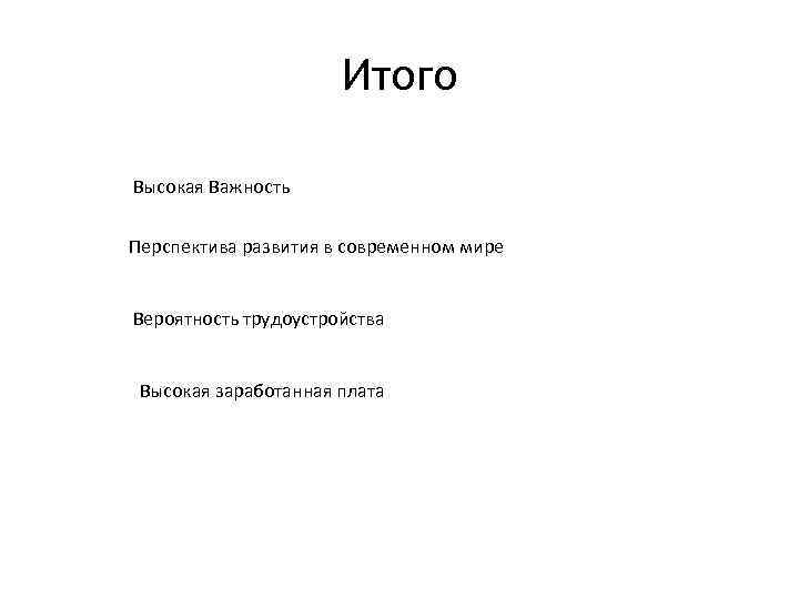 Итого Высокая Важность Перспектива развития в современном мире Вероятность трудоустройства Высокая заработанная плата 