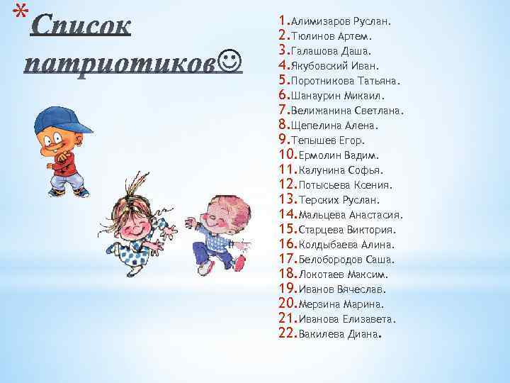 * 1. Алимизаров Руслан. 2. Тюлинов Артем. 3. Галашова Даша. 4. Якубовский Иван. 5.