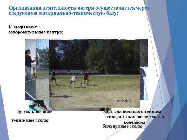 Организация деятельности лагеря осуществляется через следующую материально-техническую базу: 1) спортивнооздоровительные центры футбольное поле теннисные