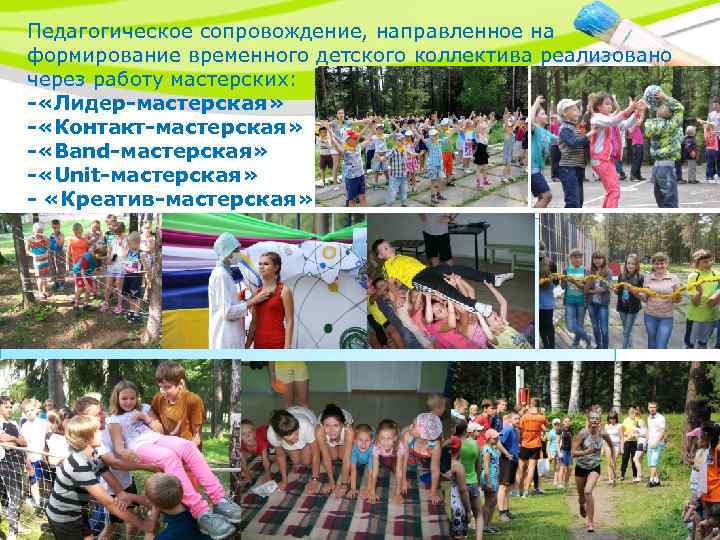 Педагогическое сопровождение, направленное на формирование временного детского коллектива реализовано через работу мастерских: - «Лидер-мастерская»