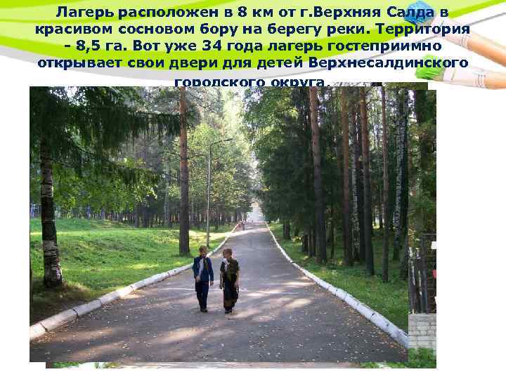 Лагерь расположен в 8 км от г. Верхняя Салда в красивом сосновом бору на