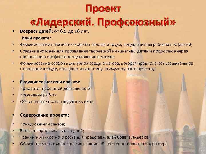  • Проект «Лидерский. Профсоюзный» Возраст детей: от 6, 5 до 16 лет. Идеи
