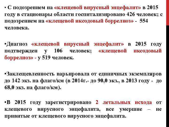  • С подозрением на «клещевой вирусный энцефалит» в 2015 году в стационары области