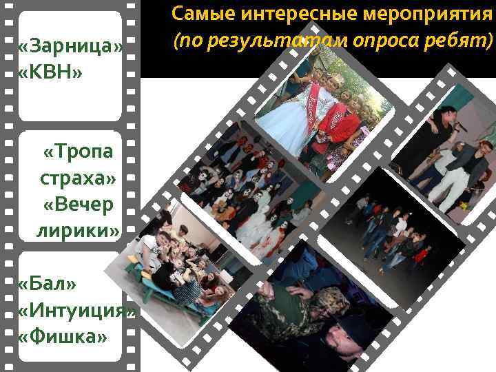  «Зарница» «КВН» «Тропа страха» «Вечер лирики» «Бал» «Интуиция» «Фишка» Самые интересные мероприятия (по