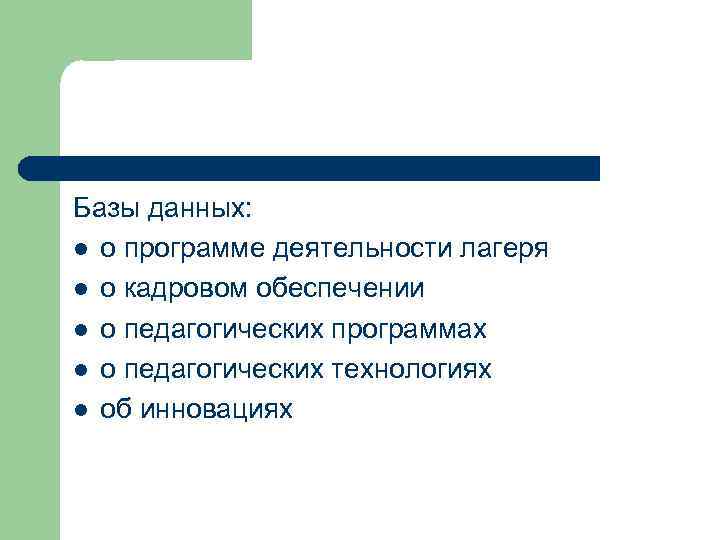 Базы данных: l о программе деятельности лагеря l о кадровом обеспечении l о педагогических