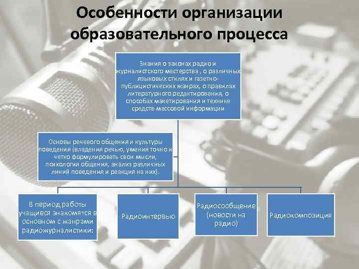Особенности организации образовательного процесса Знания о законах радио и журналистского мастерства , о различных