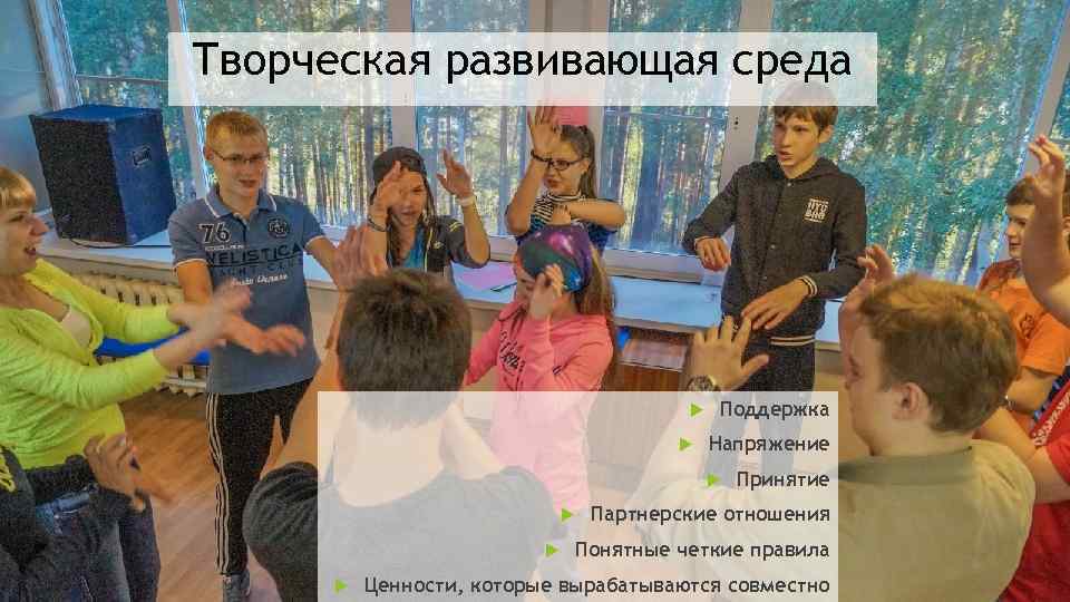 Творческая развивающая среда Поддержка Напряжение Принятие Партнерские отношения Понятные четкие правила Ценности, которые вырабатываются