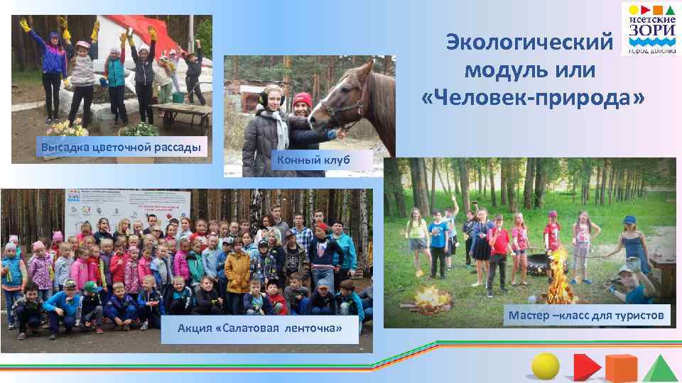 Экологический модуль или «Человек-природа» Высадка цветочной рассады Конный клуб Акция «Салатовая ленточка» Мастер –класс