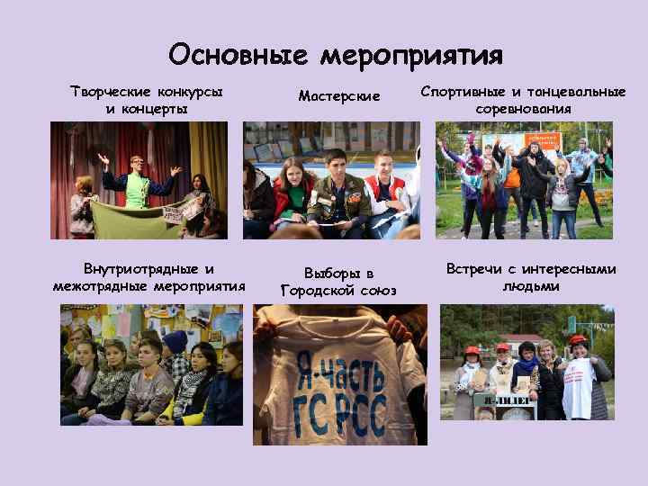 Основные мероприятия Творческие конкурсы и концерты Мастерские Внутриотрядные и межотрядные мероприятия Выборы в Городской