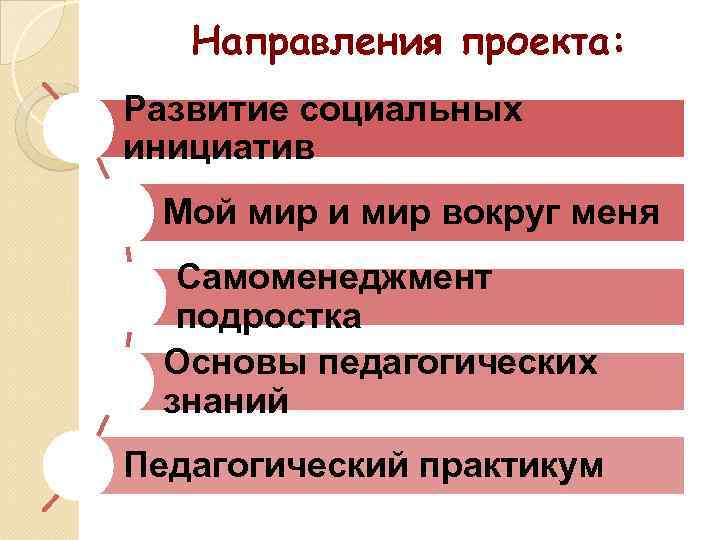 Направления проекта: Развитие социальных инициатив Мой мир и мир вокруг меня Самоменеджмент подростка Основы