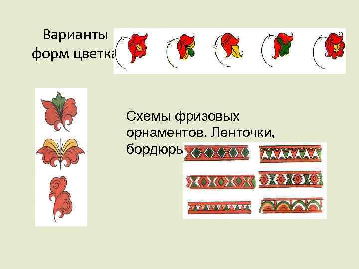 Варианты форм цветка Схемы фризовых орнаментов. Ленточки, бордюры. 