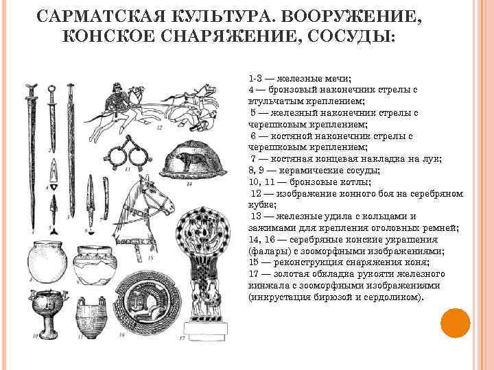 САРМАТСКАЯ КУЛЬТУРА. ВООРУЖЕНИЕ, КОНСКОЕ СНАРЯЖЕНИЕ, СОСУДЫ: 1 -3 — железные мечи; 4 — бронзовый