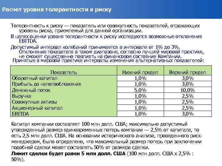 Расчет уровня толерантности к риску Толерантность к риску — показатель или совокупность показателей, отражающих