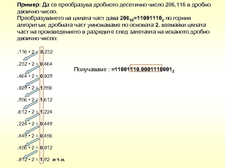 Пример: Да се преобразува дробното десетично число 206, 116 в дробно двоично число. Преобразуването