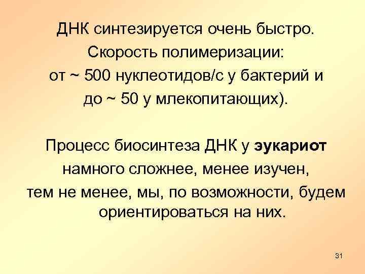 ДНК синтезируется очень быстро. Скорость полимеризации: от ~ 500 нуклеотидов/с у бактерий и до