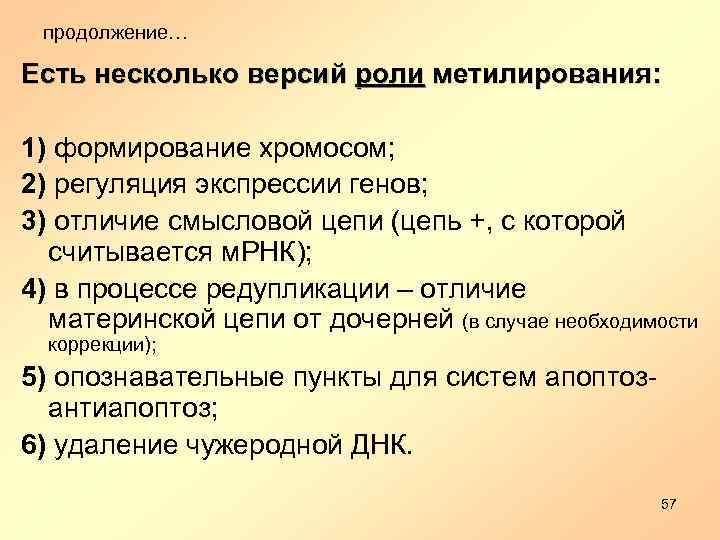 продолжение… Есть несколько версий роли метилирования: 1) формирование хромосом; 2) регуляция экспрессии генов; 3)