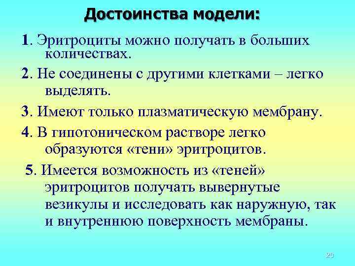 Достоинства модели: 1. Эритроциты можно получать в больших количествах. 2. Не соединены с другими