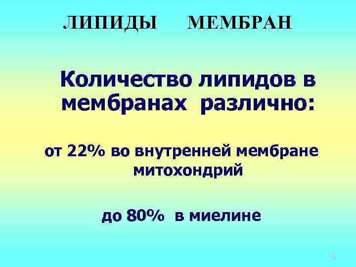 ЛИПИДЫ МЕМБРАН Количество липидов в мембранах различно: от 22% во внутренней мембране митохондрий до