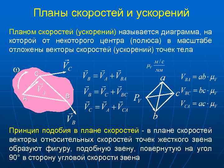 Планы скоростей и ускорений Планом скоростей (ускорений) называется диаграмма, на которой от некоторого центра