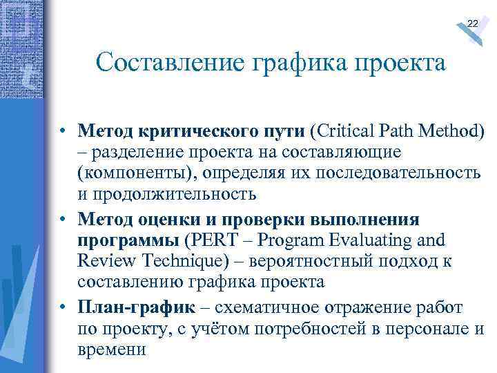 22 Составление графика проекта • Метод критического пути (Critical Path Method) – разделение проекта