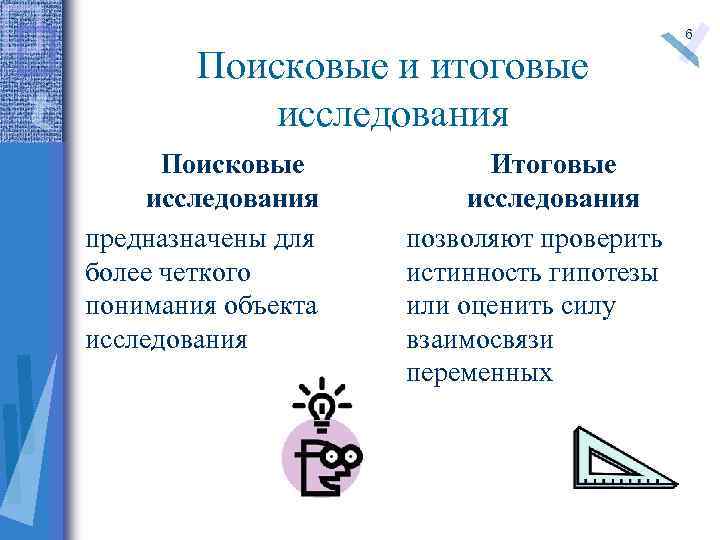 Поисковые и итоговые исследования Поисковые исследования предназначены для более четкого понимания объекта исследования Итоговые