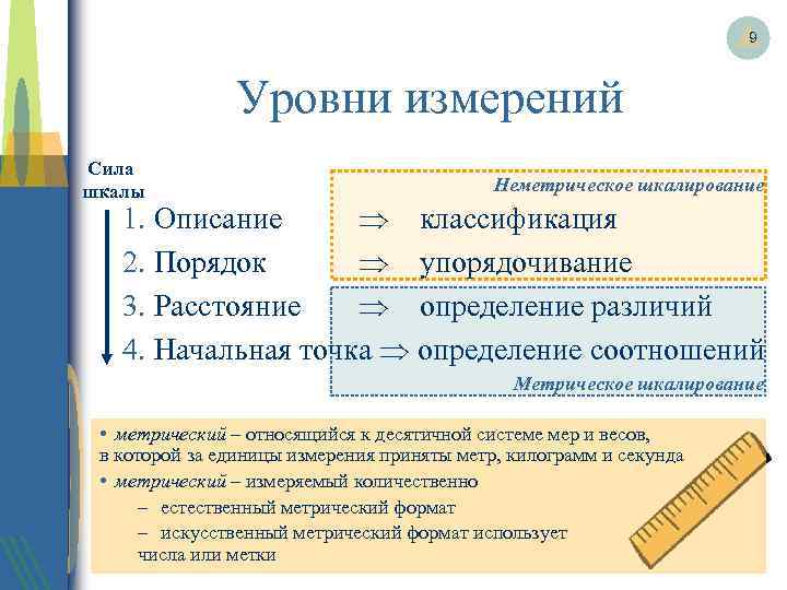 9 Уровни измерений Сила шкалы Неметрическое шкалирование 1. Описание классификация 2. Порядок упорядочивание 3.