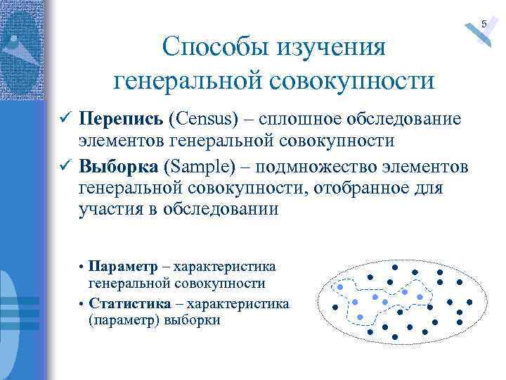 Способы изучения генеральной совокупности ü Перепись (Сensus) – сплошное обследование элементов генеральной совокупности ü